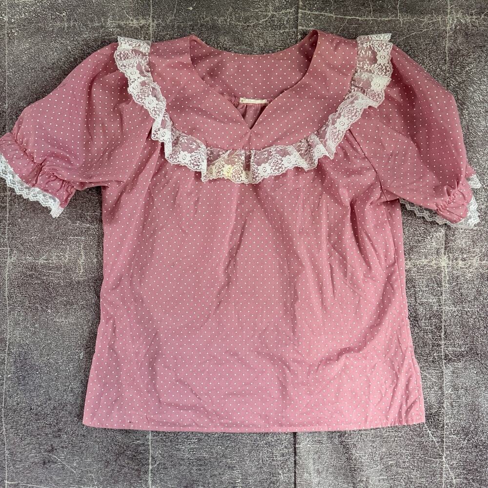 Women's Vintage 60's Pink Polka Dot Lace Trim CottageCore Blouse T Shirt Sz L
